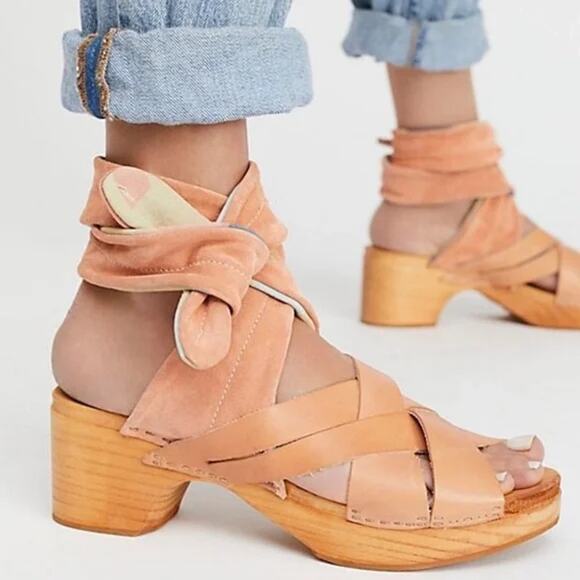 Free People Emmy Camel Tan Leather Suede Ankle Wrap Clog Sandals EU 39 US 8.5 - Picture 8 of 8